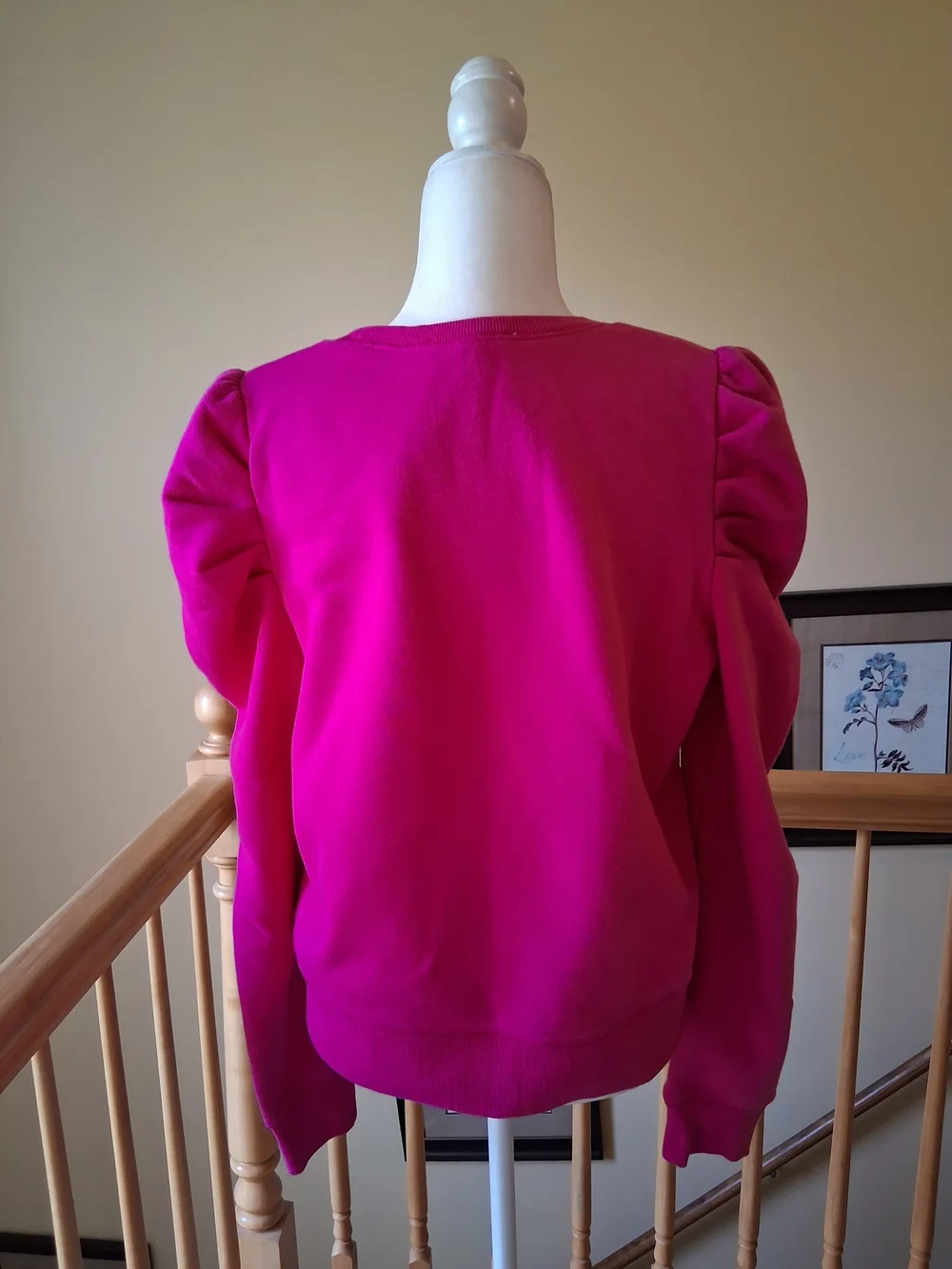 Rebecca Minkoff Janine Hot Pink Puff-Sleeve Crewneck Cottkn Blend Sweater